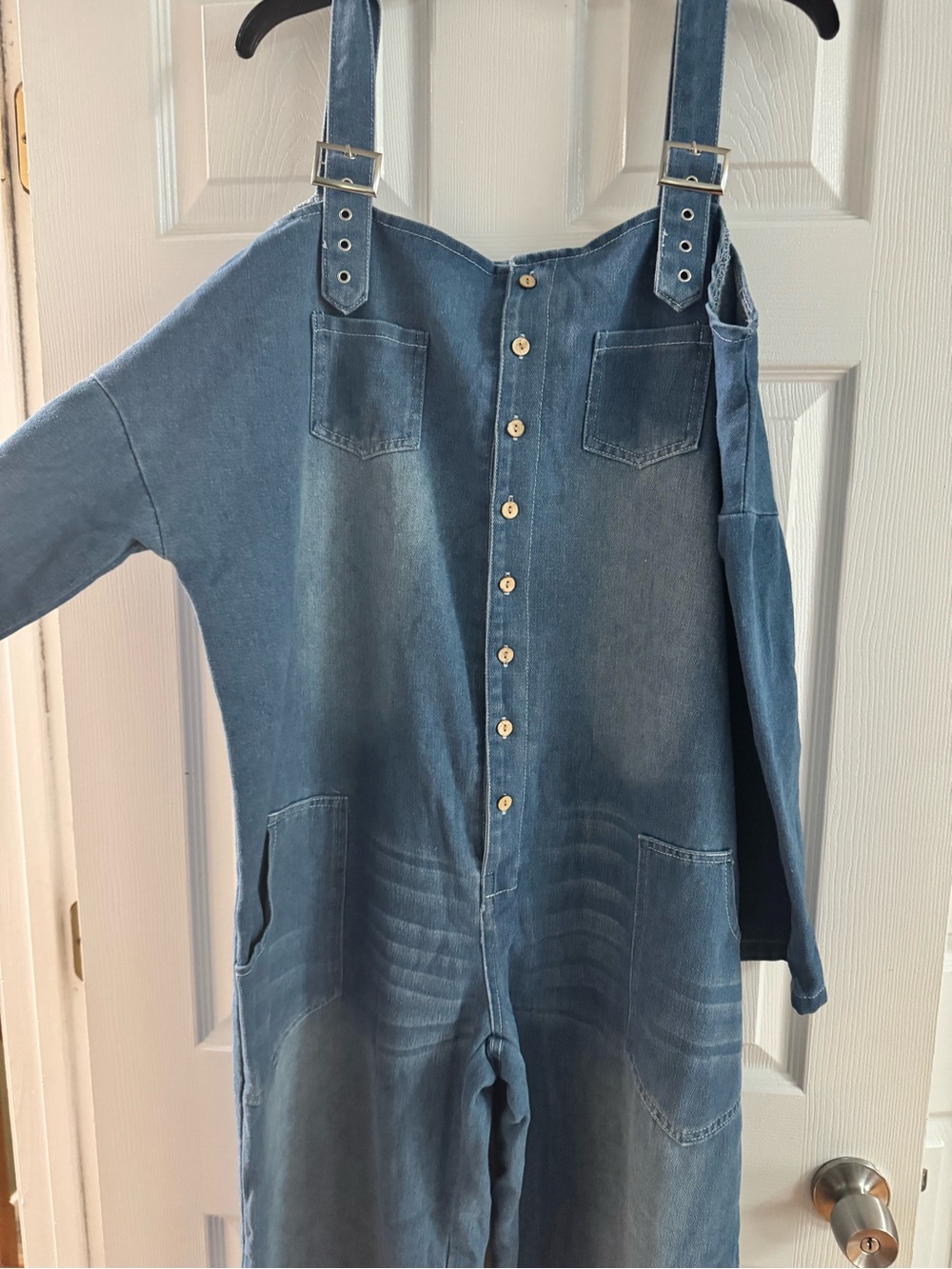 SHEIN Blue Denim Button-Front Wide Leg Jumpsuit with Buckle Straps